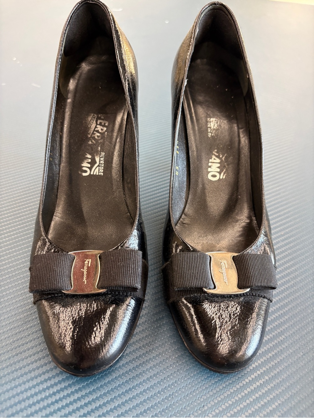 Salvatore Ferragamo Black Vara Bow Patent Leather Pumps